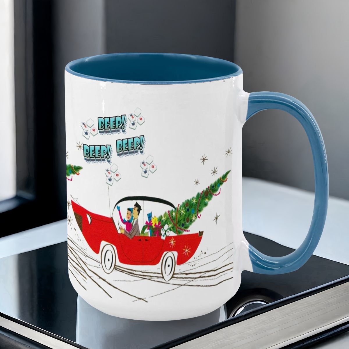 Funny Mahjong Christmas Mug Nostalgic Christmas Beep Beep Large Mug (15oz) - Drinkware