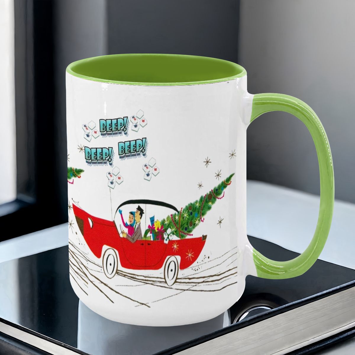 Funny Mahjong Christmas Mug Nostalgic Christmas Beep Beep Large Mug (15oz) - Drinkware
