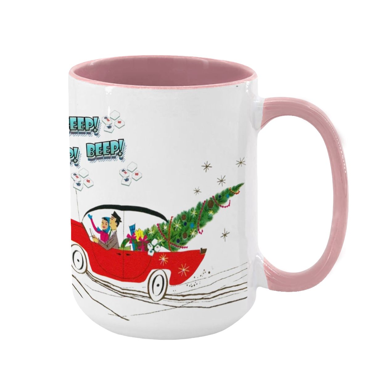 Funny Mahjong Christmas Mug Nostalgic Christmas Beep Beep Large Mug (15oz) - Pink / One Size - Drinkware