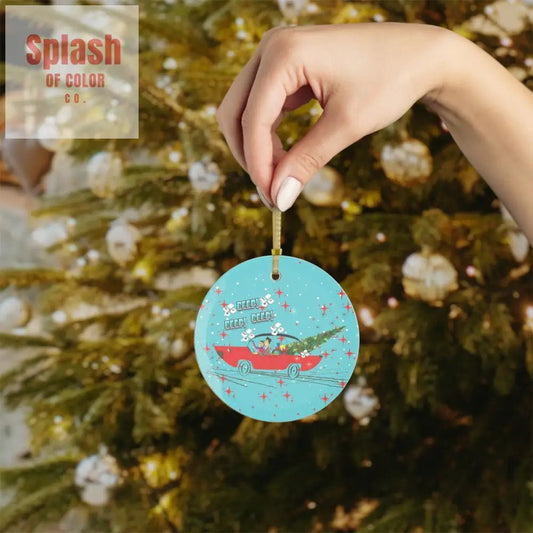 Funny Mahjong Christmas Ornament Beep Beep Time To Mahj Vintage Car And Couple Christmas Tree Decoration - 1 pc / Round