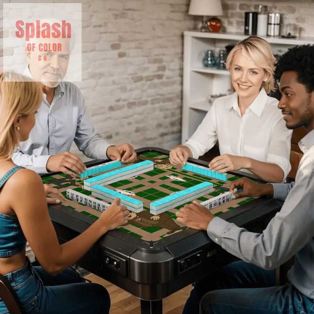 Gentlemen's Mahjong Mat, Dapper Men Classic Cars Green Tan Plaid Mahjong Mat - Splash of Color co.