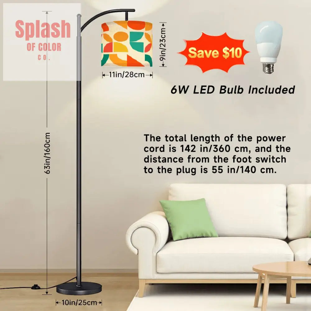 Geometric Sunshine Color Pop Orange Teal Yellow Modern Arc Floor Lamp One Size Floor Lamps