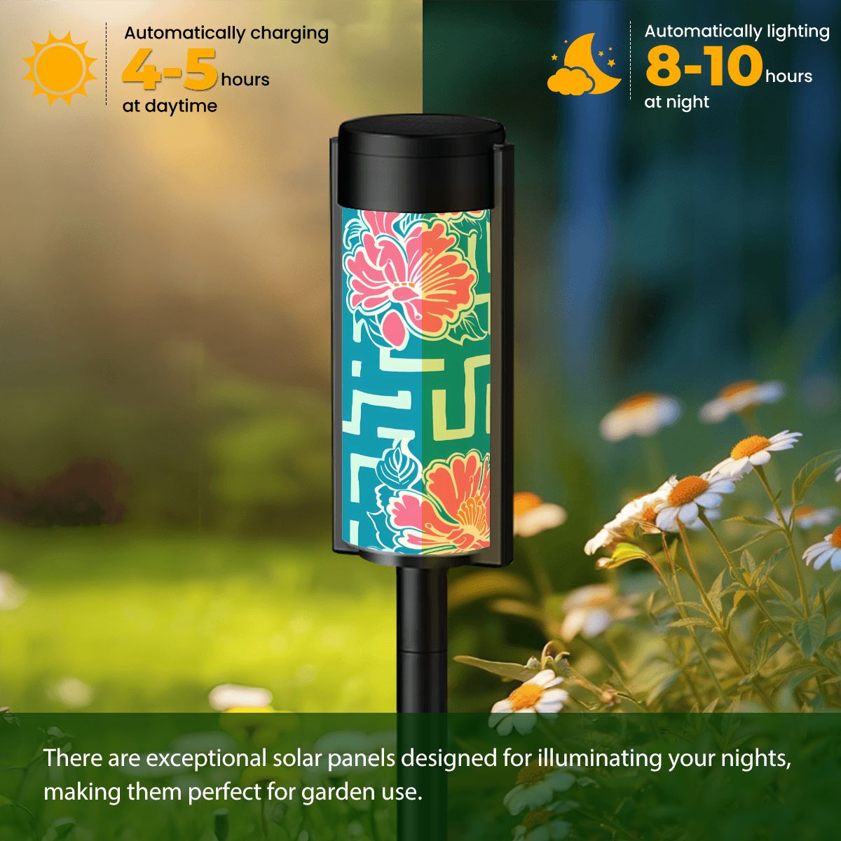 Greek Key Teal Pink Floral Modern Garden Outdoor Solar Lights - 4pcs - Garden Decor