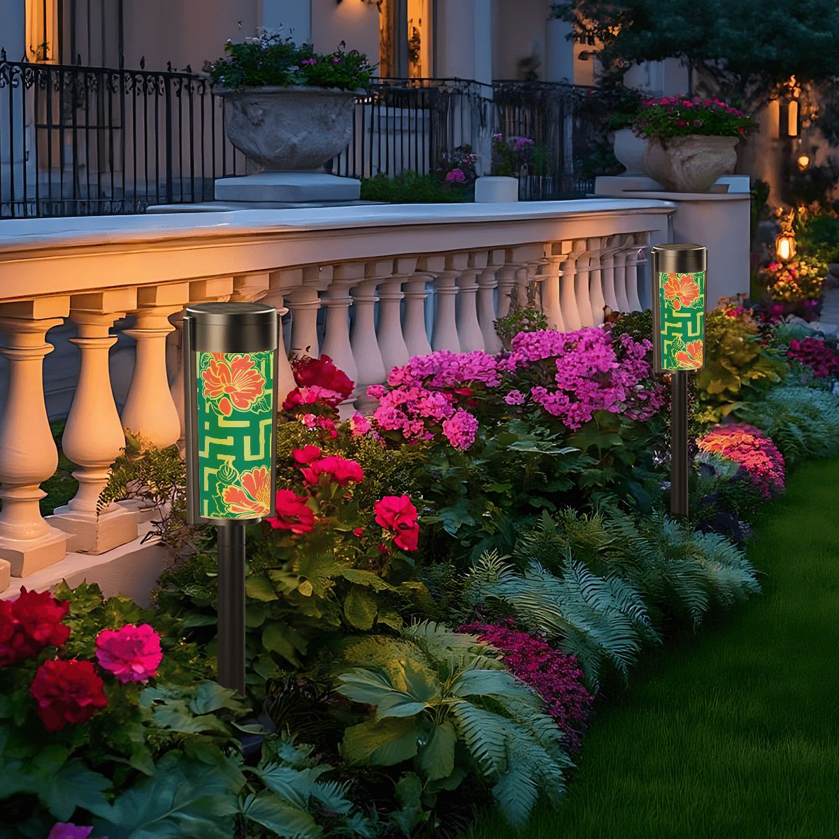 Greek Key Teal Pink Floral Modern Garden Outdoor Solar Lights - 4pcs - Garden Decor