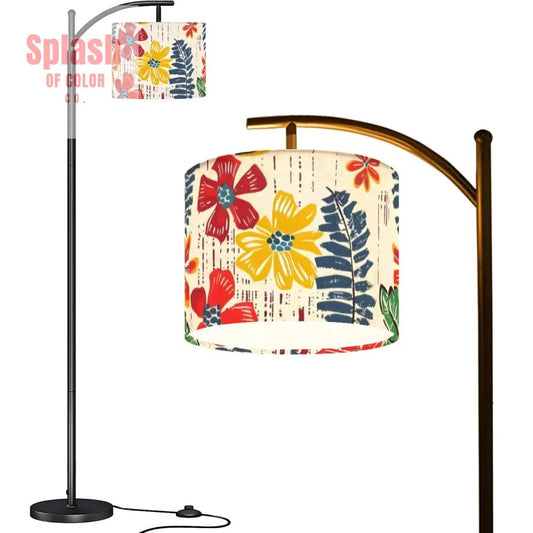Heritage Floral Preppy Boho Modern Blue, Yellow, Red, Green Arc Floor Lamp - Splash of Color co.
