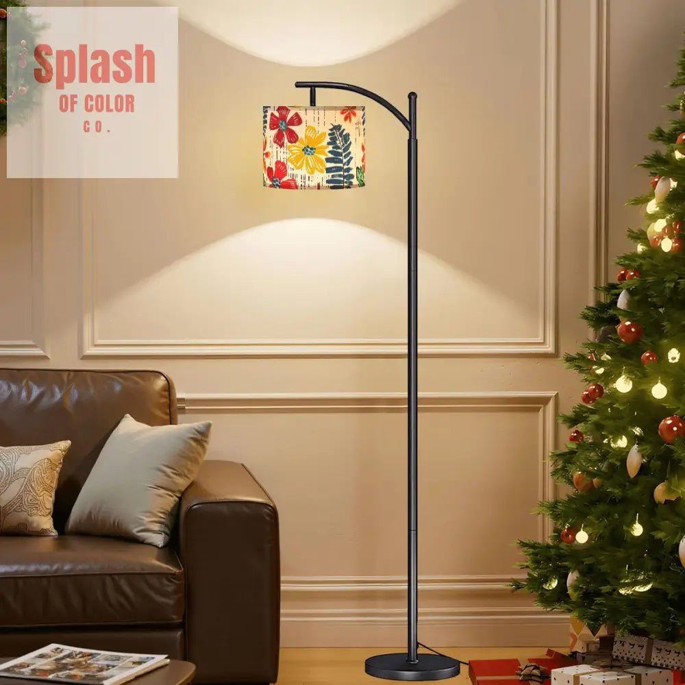 Heritage Floral Preppy Boho Modern Blue, Yellow, Red, Green Arc Floor Lamp - Splash of Color co.
