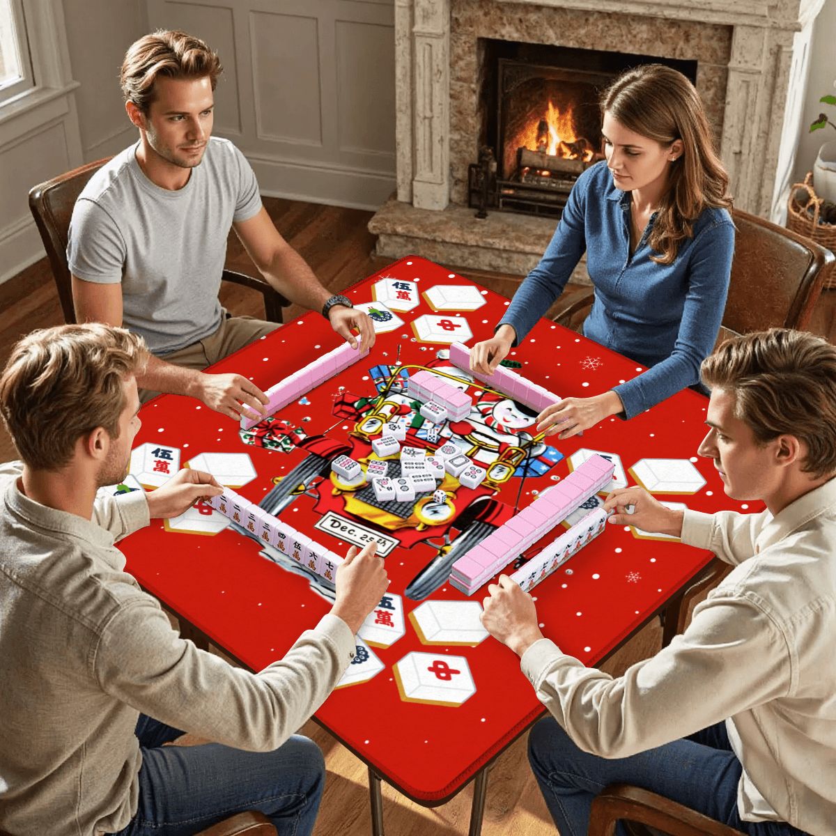 Holly Jolly Mahjong Christmas Mat Vintage Nostalgic Snowman Couple Quirky Mahj Mat - 31.5’’x31.5’’ - Daily Accessories