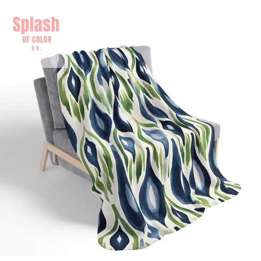 Ikat Boho Blue Green Abstract Ikat Abstract Cozy Fleece Throw Soft Blanket Home Decor Accent Ikat Home Decor