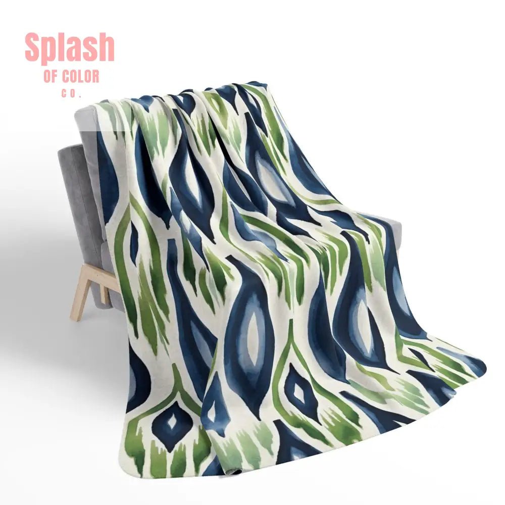 Ikat Boho Blue Green Abstract Ikat Abstract Cozy Fleece Throw Soft Blanket Home Decor Accent Ikat Home Decor
