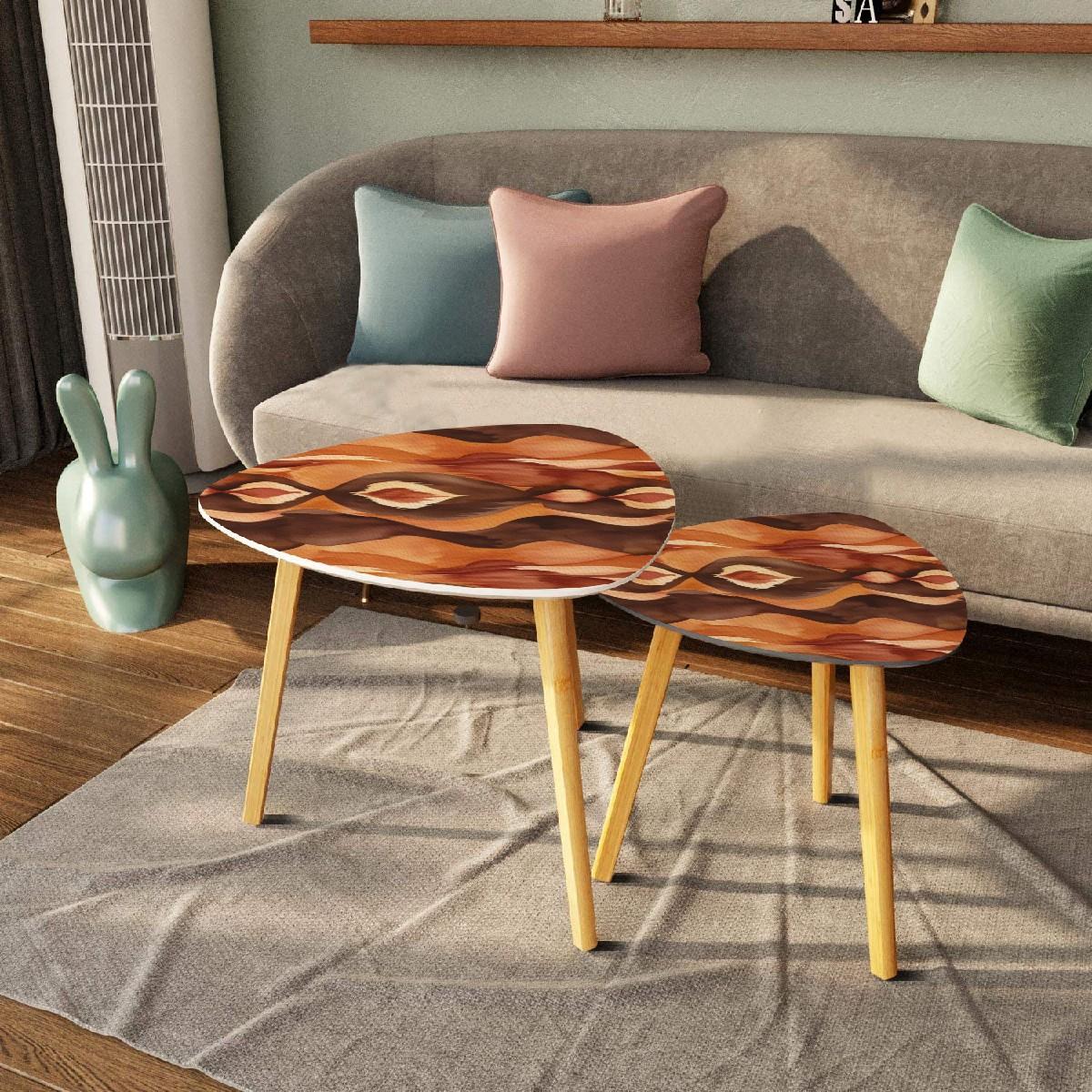 Ikat Boho Nesting Tables Brown Golden Watercolor Bohemian Home Decor Side Tables - One Size