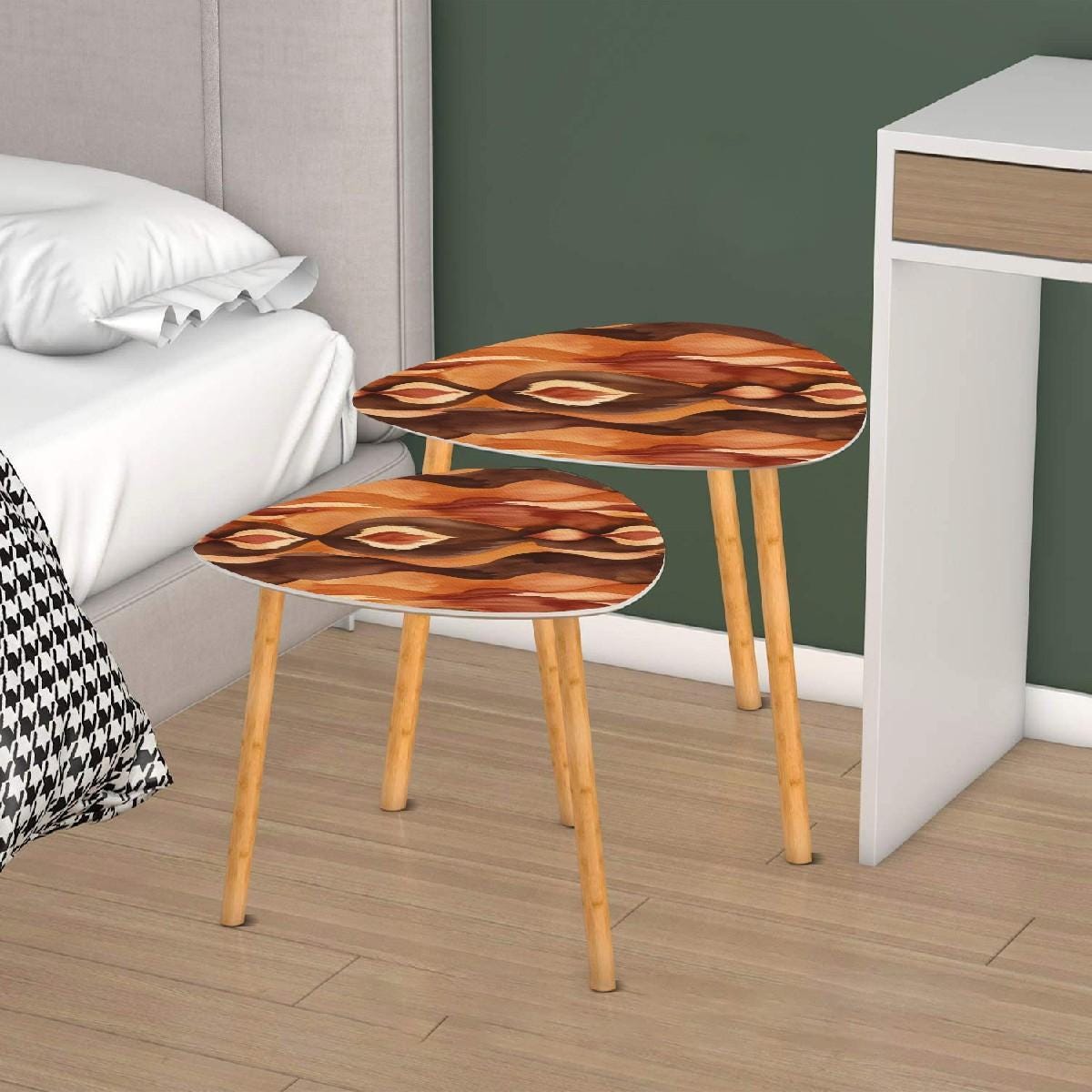 Ikat Boho Nesting Tables Brown Golden Watercolor Bohemian Home Decor Side Tables - One Size