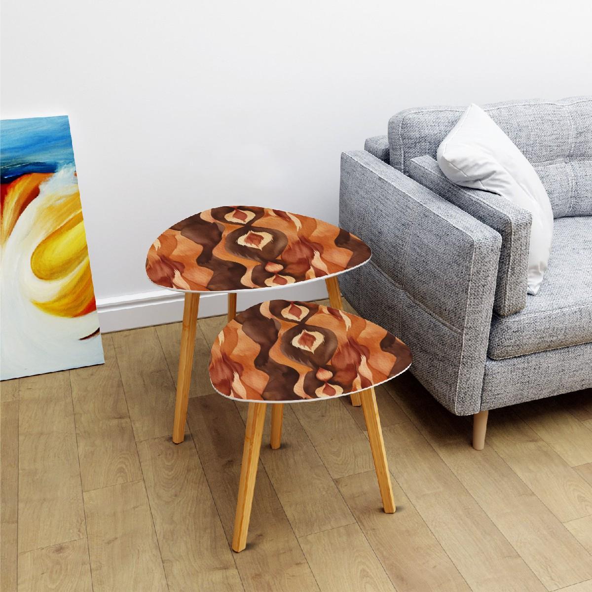 Ikat Boho Nesting Tables Brown Golden Watercolor Bohemian Home Decor Side Tables - One Size