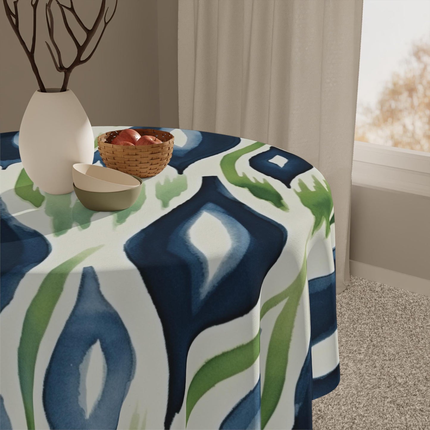 Ikat Modern Watercolor Green Blue Tablecloth - Stylish Spring Summer Bohemian Dining Decor