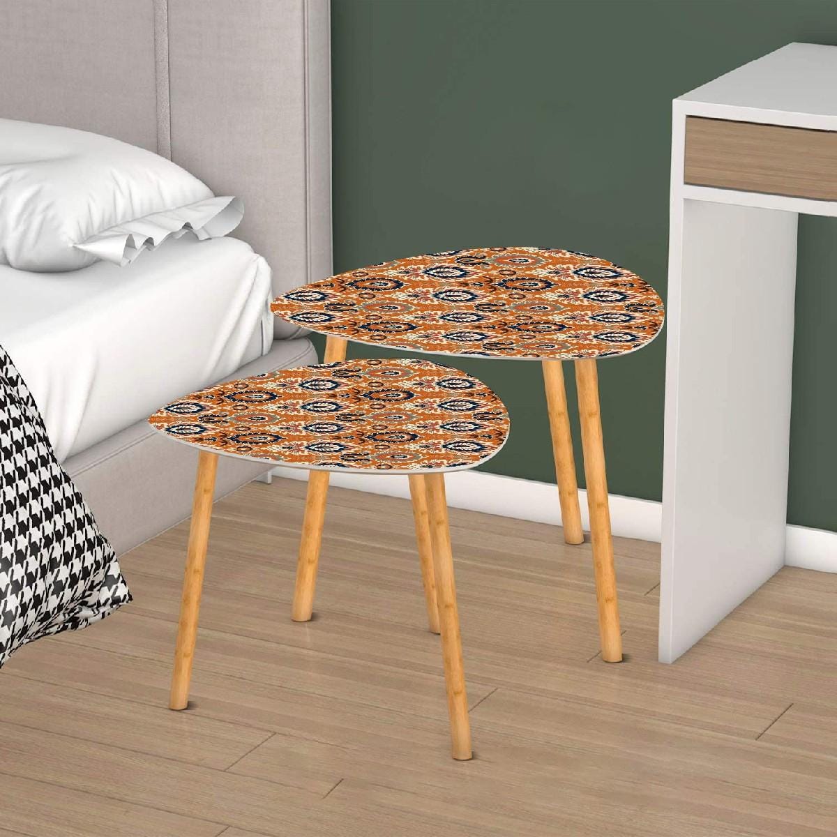 Ikat Paisley Boho Nesting Tables – Modern Bamboo Side Table Set Space-Saving Coffee Tables for Living Room & Bedroom