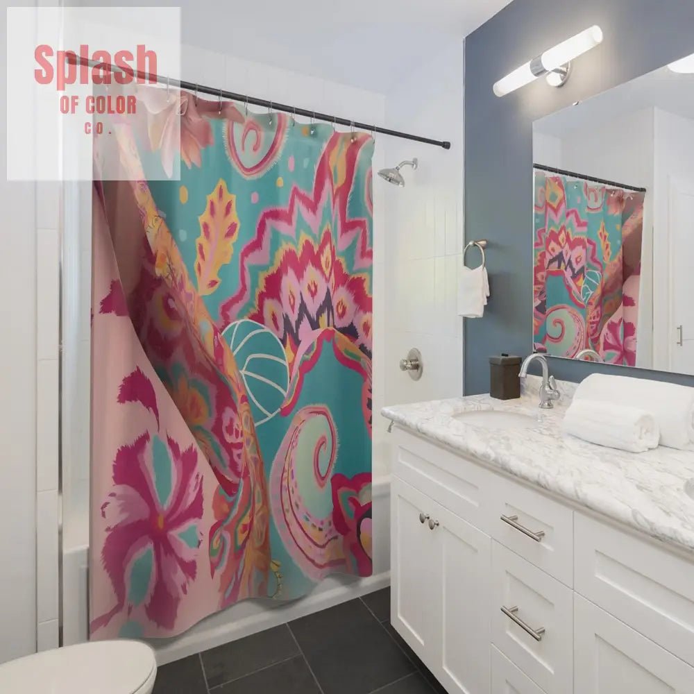 Ikat Watercolor Bohemian Shower Curtain Teal Fusia Pink - Boho Style