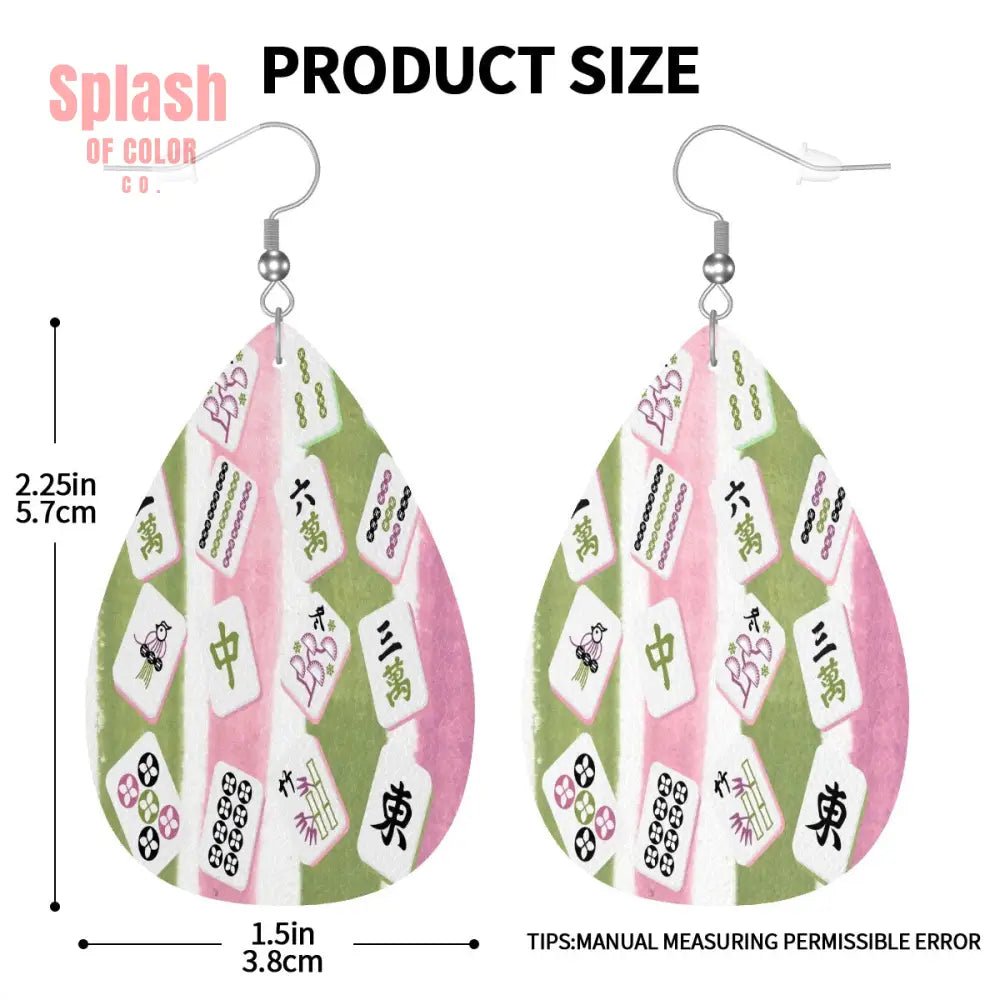Mahjong Vegan Leather Teardrop Earrings, Pink Green Mahj Tiles - Splash of Color co.