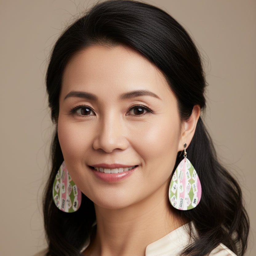 Mahjong Vegan Leather Teardrop Earrings, Pink Green Mahj Tiles - Splash of Color co.