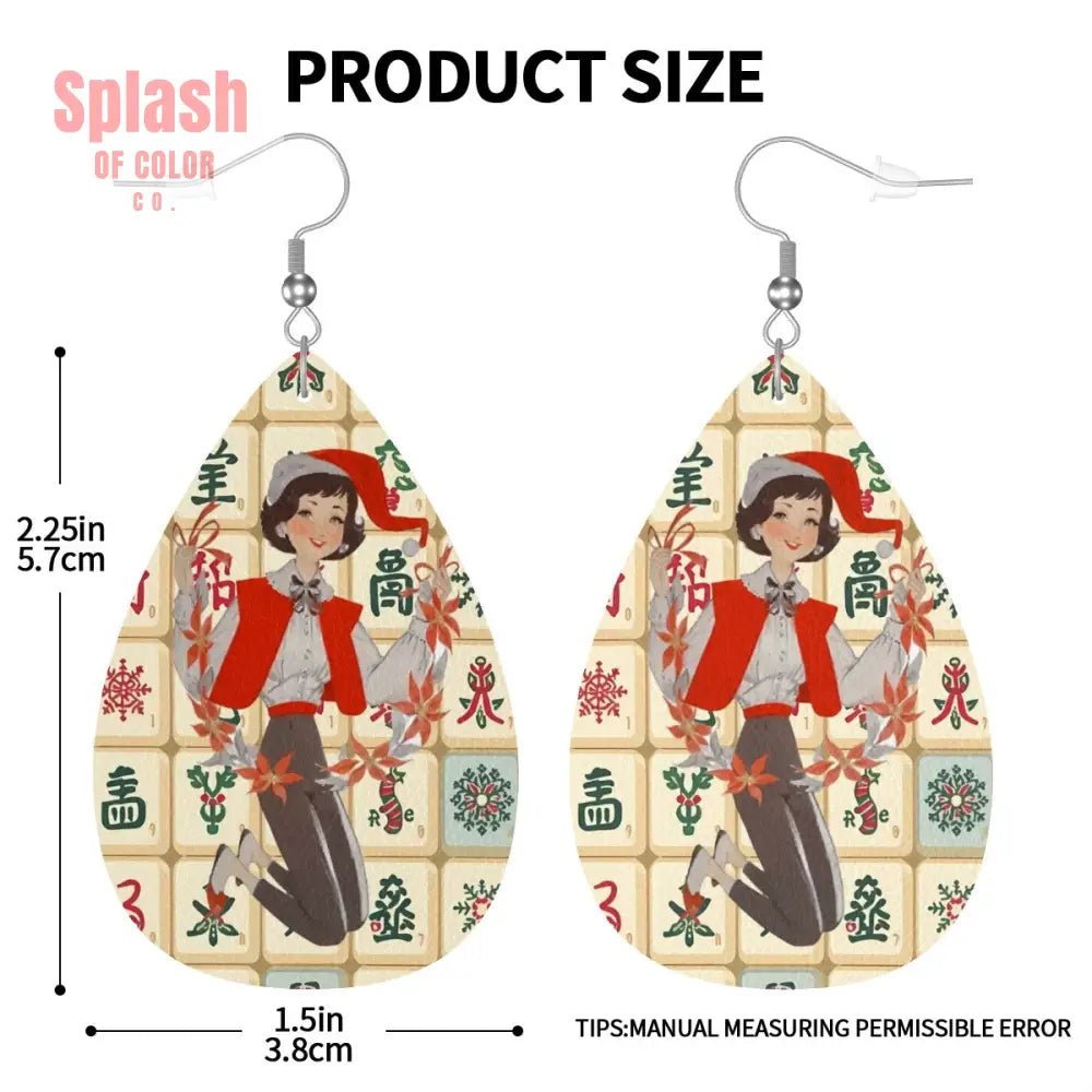 Mahjong Holiday Whimsy Vintage Tiles, Cheerful Christmas Gal Vegan Leather Tear Drop Earrings - Splash of Color co.