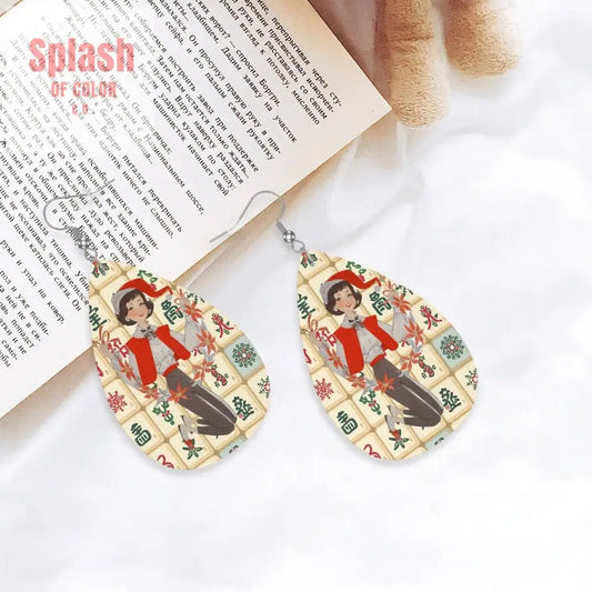 Mahjong Holiday Whimsy Vintage Tiles, Cheerful Christmas Gal Vegan Leather Tear Drop Earrings - Splash of Color co.