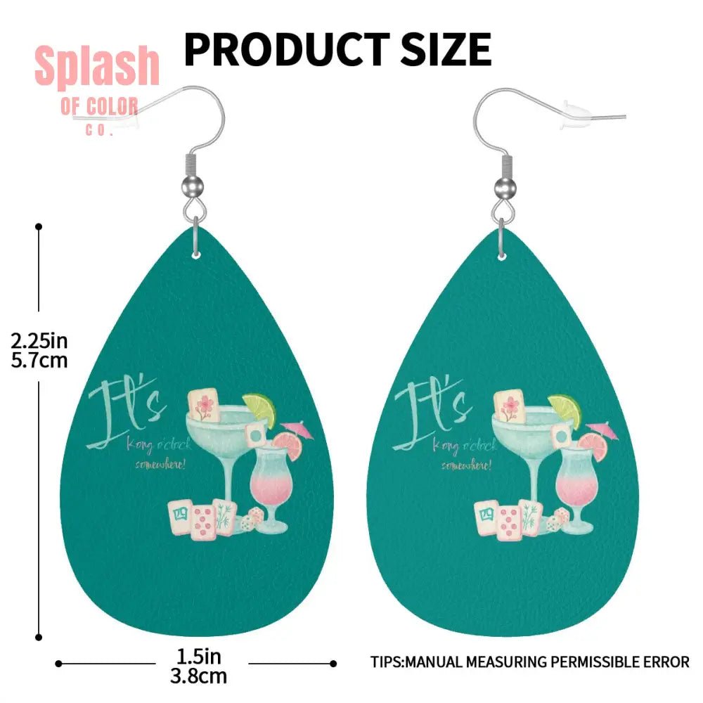 Mahjong Cute Funny It's Kong O'Clock Somewhere Vegan Leather Teardrop Earrings - Splash of Color co.