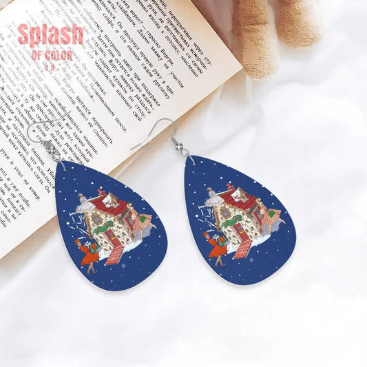 Mahjong Holiday Season Whimsical Tile House And Festive Ladies Teardrop Earrings - Splash of Color co.