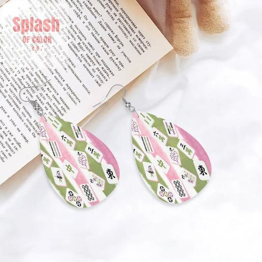 Mahjong Vegan Leather Teardrop Earrings, Pink Green Mahj Tiles - Splash of Color co.