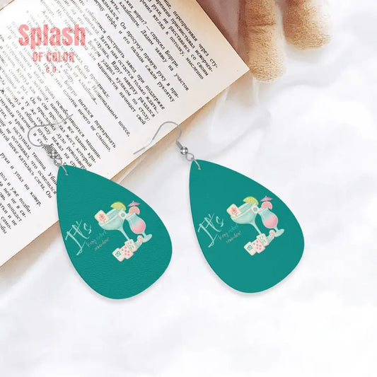Mahjong Cute Funny It's Kong O'Clock Somewhere Vegan Leather Teardrop Earrings - Splash of Color co.