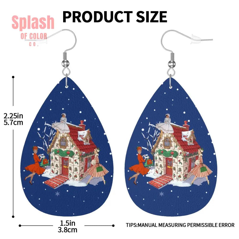 Mahjong Holiday Season Whimsical Tile House And Festive Ladies Teardrop Earrings - Splash of Color co.