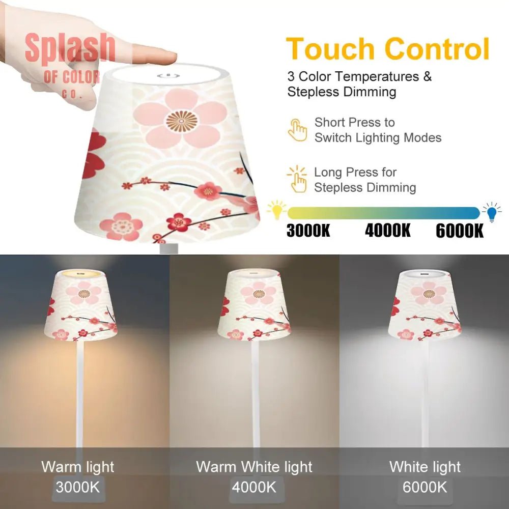 Floral Cherry Blosson Asian Designed Mahjong LED Cordless Table Lamp - Splash of Color co.