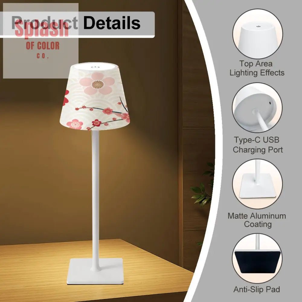 Floral Cherry Blosson Asian Designed Mahjong LED Cordless Table Lamp - Splash of Color co.