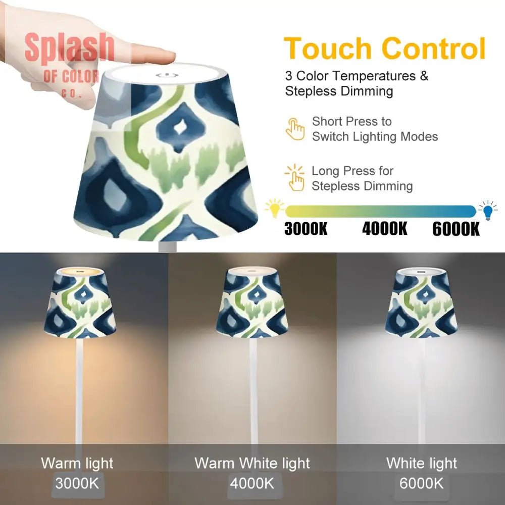 Mahjong Ikat Watercolor Blue, Green LED Cordless Table Lamp - Splash of Color co.