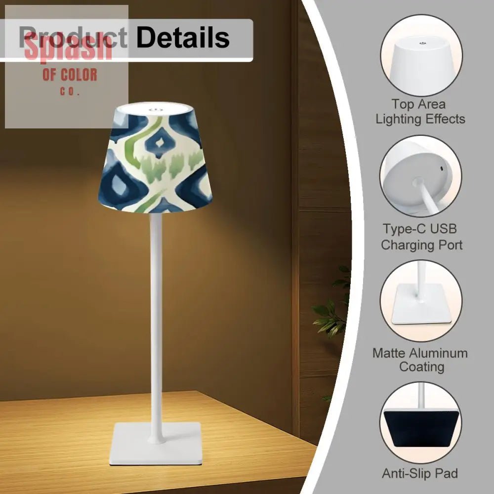 Mahjong Ikat Watercolor Blue, Green LED Cordless Table Lamp - Splash of Color co.