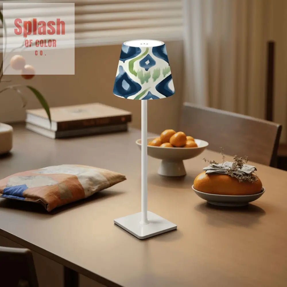 Mahjong Ikat Watercolor Blue, Green LED Cordless Table Lamp - Splash of Color co.
