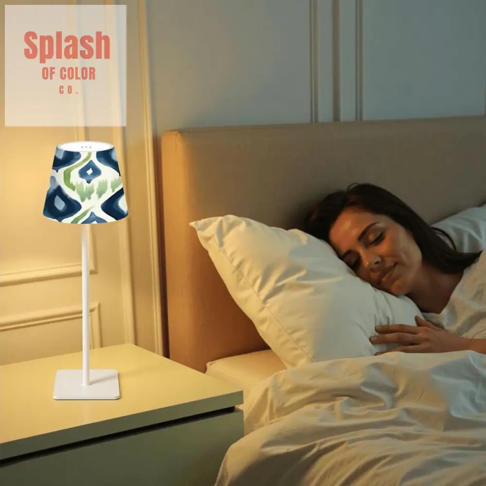 Mahjong Ikat Watercolor Blue, Green LED Cordless Table Lamp - Splash of Color co.