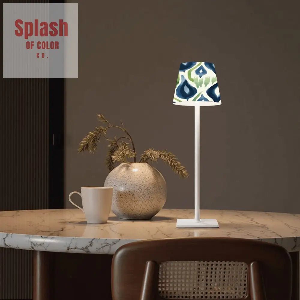 Mahjong Ikat Watercolor Blue, Green LED Cordless Table Lamp - Splash of Color co.