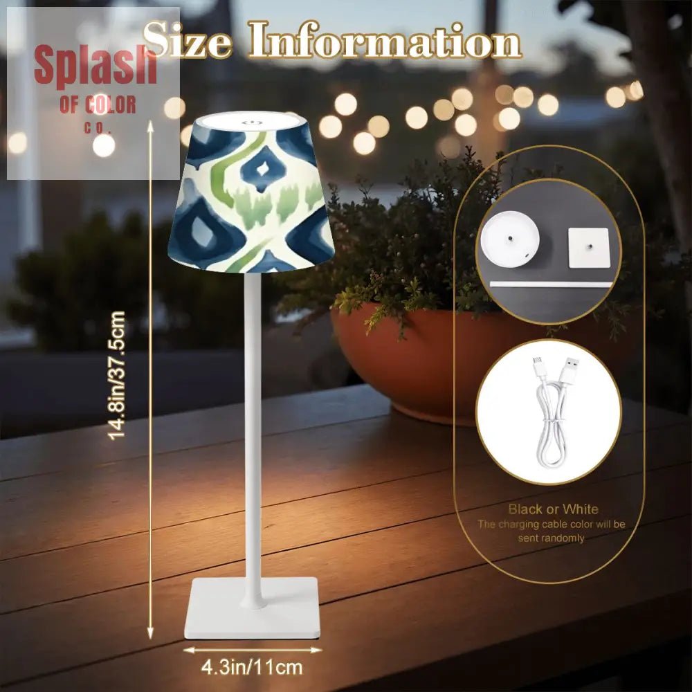 Mahjong Ikat Watercolor Blue, Green LED Cordless Table Lamp - Splash of Color co.