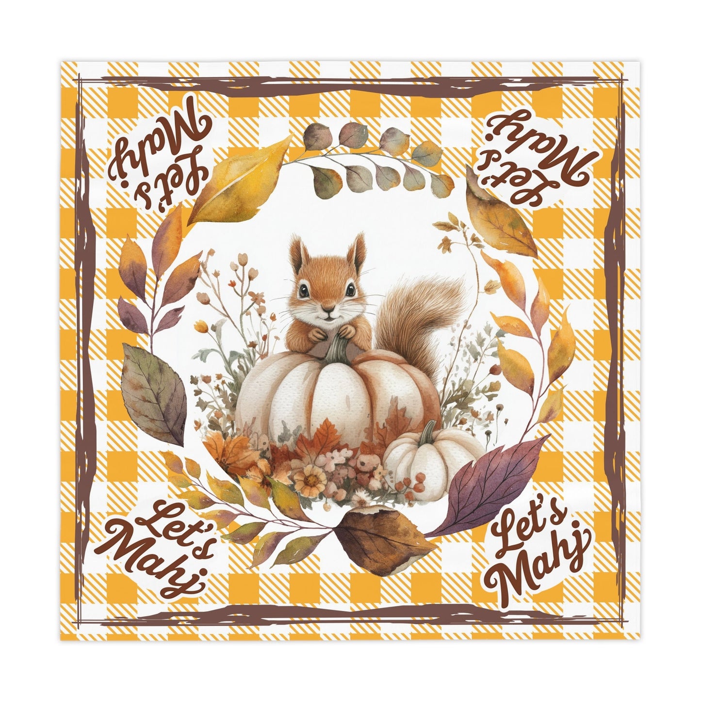 Let’s Mahj Autumn Squirrel Tablecloth Yellow Plaid Mahjong Game Day Tablecloth Thanksgiving Table Setting Rustic
