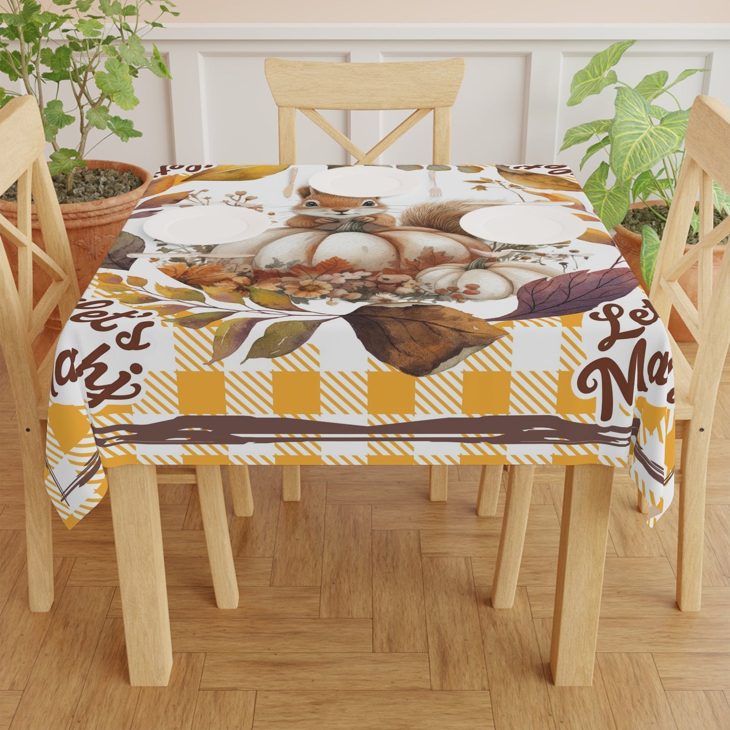 Let’s Mahj Autumn Squirrel Tablecloth Yellow Plaid Mahjong Game Day Tablecloth Thanksgiving Table Setting Rustic