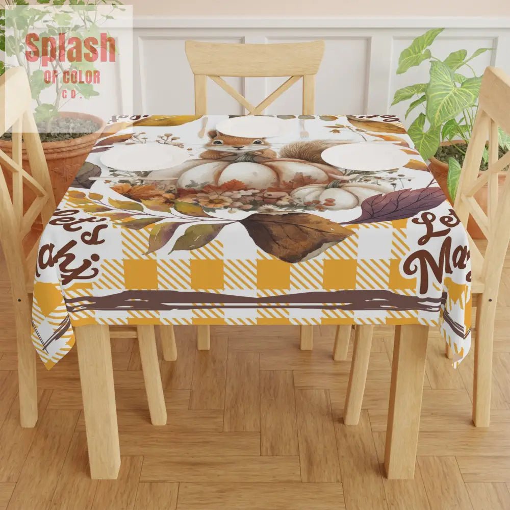 Let’s Mahj Autumn Squirrel Tablecloth Yellow Plaid Mahjong Game Day Tablecloth Thanksgiving Table Setting Rustic