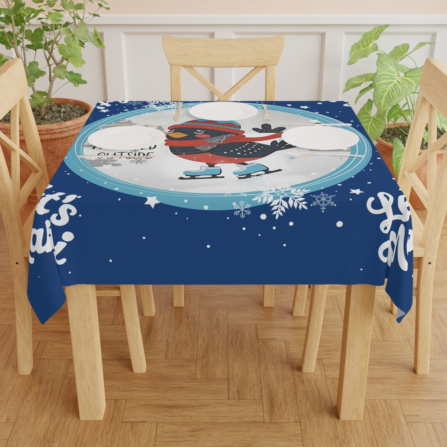 Let’s Mahj Christmas Winter Wonderland Tablecloth Royal Blue Whimsical Skating Bird Mahjong Christmas Seasonal Decor