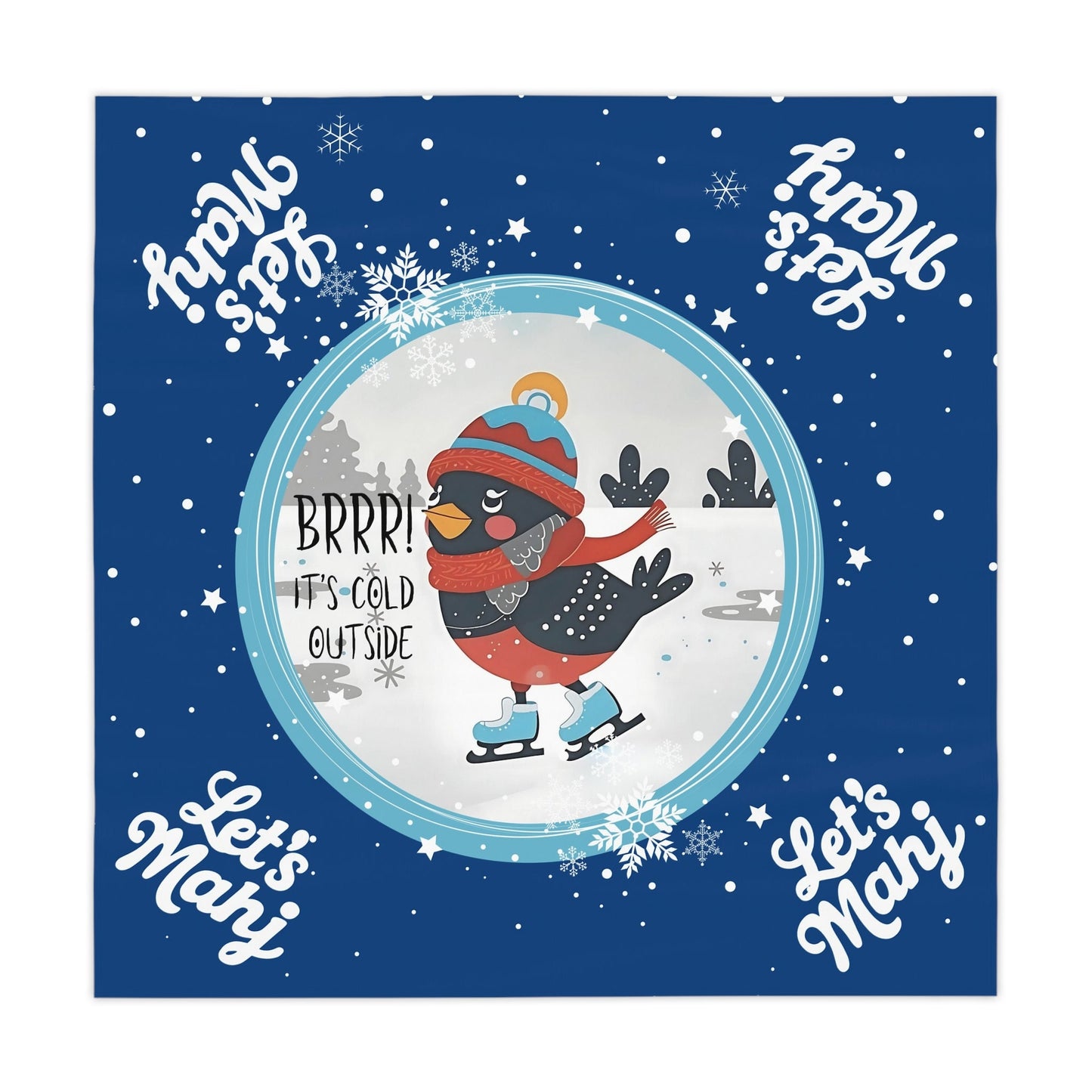 Let’s Mahj Christmas Winter Wonderland Tablecloth Royal Blue Whimsical Skating Bird Mahjong Christmas Seasonal Decor
