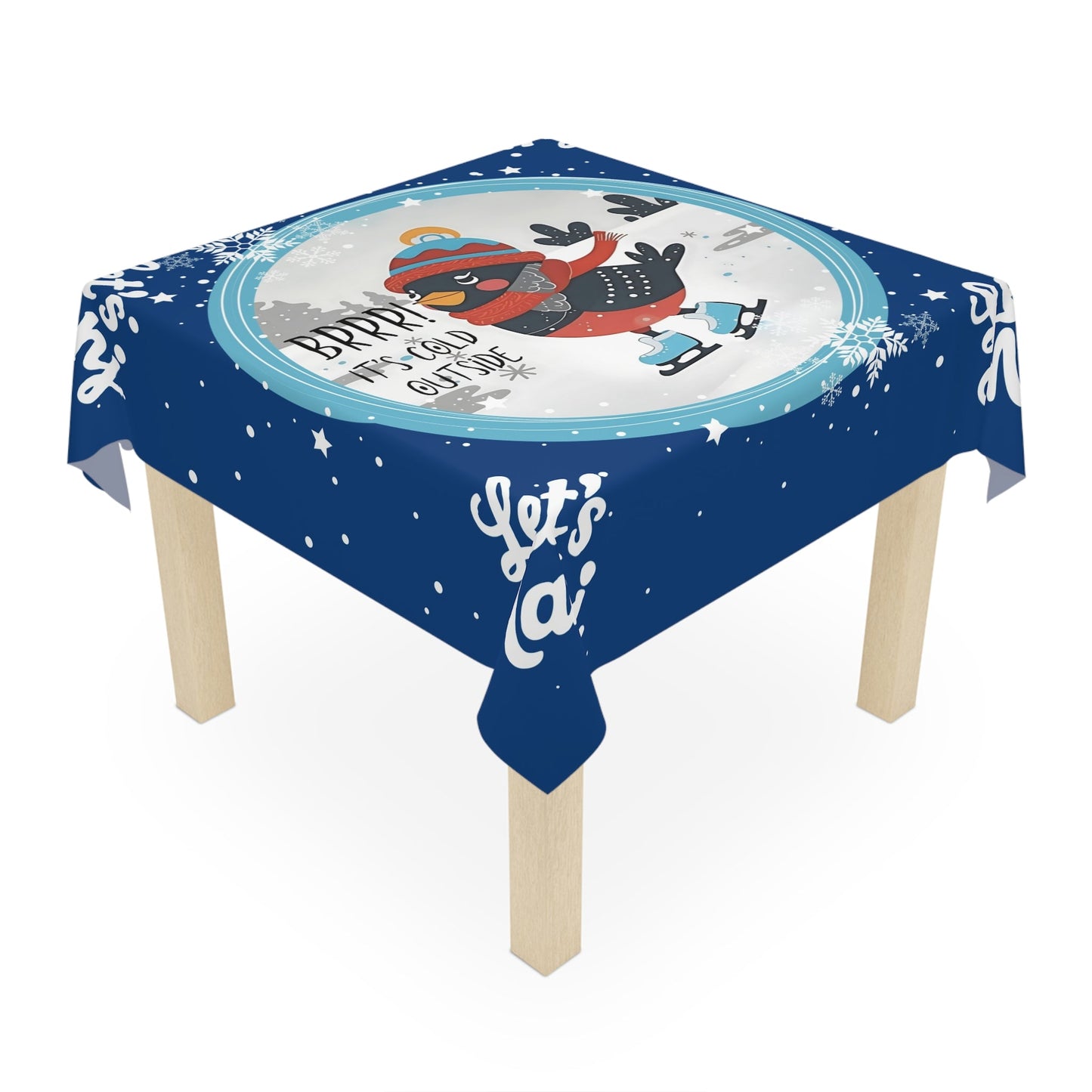 Let’s Mahj Christmas Winter Wonderland Tablecloth Royal Blue Whimsical Skating Bird Mahjong Christmas Seasonal Decor