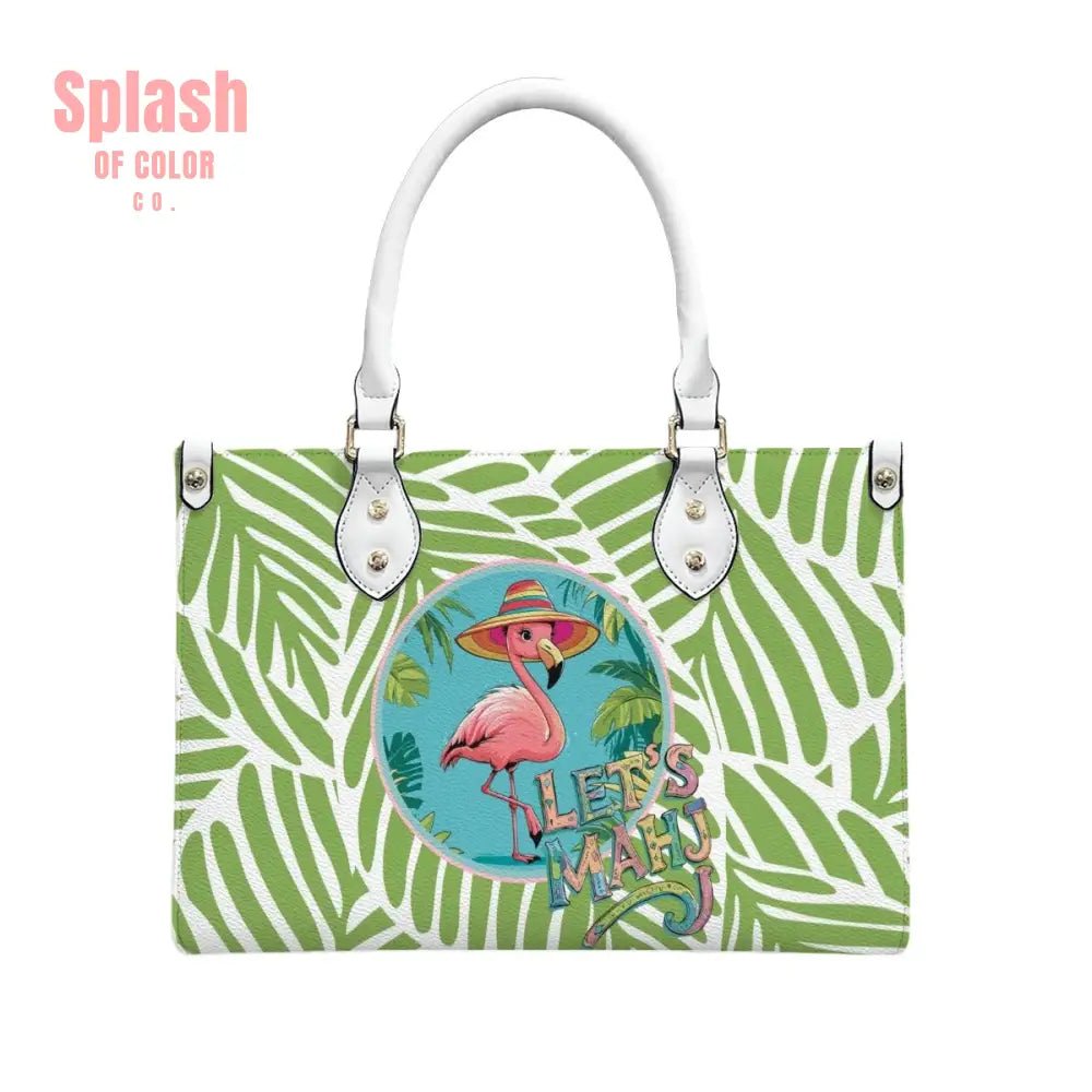 Let’s Mahj Whimsical Pink Flamingo Mahjong Lover Green Tropical Shoulder Bag Handbag Travel White / S Handbag