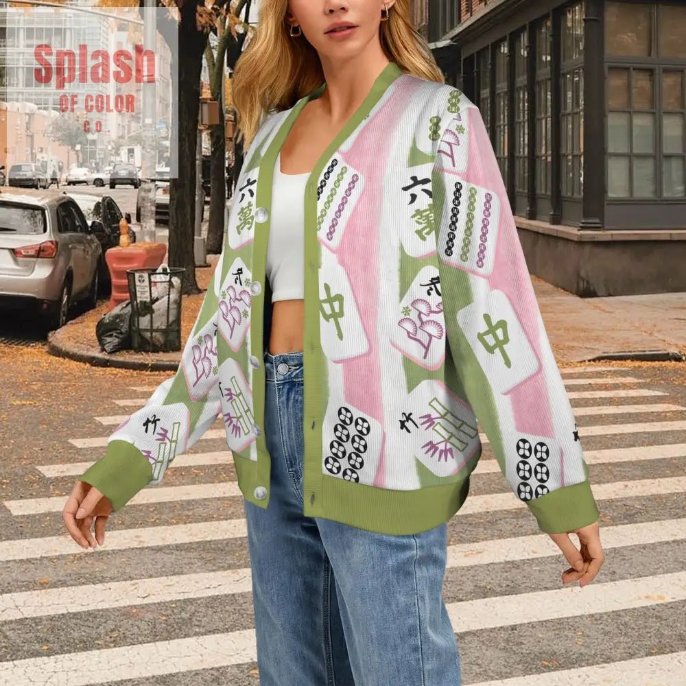 Mahjong Preppy Button Down Cardigan Sweater, Pink Green Striped - Splash of Color co.