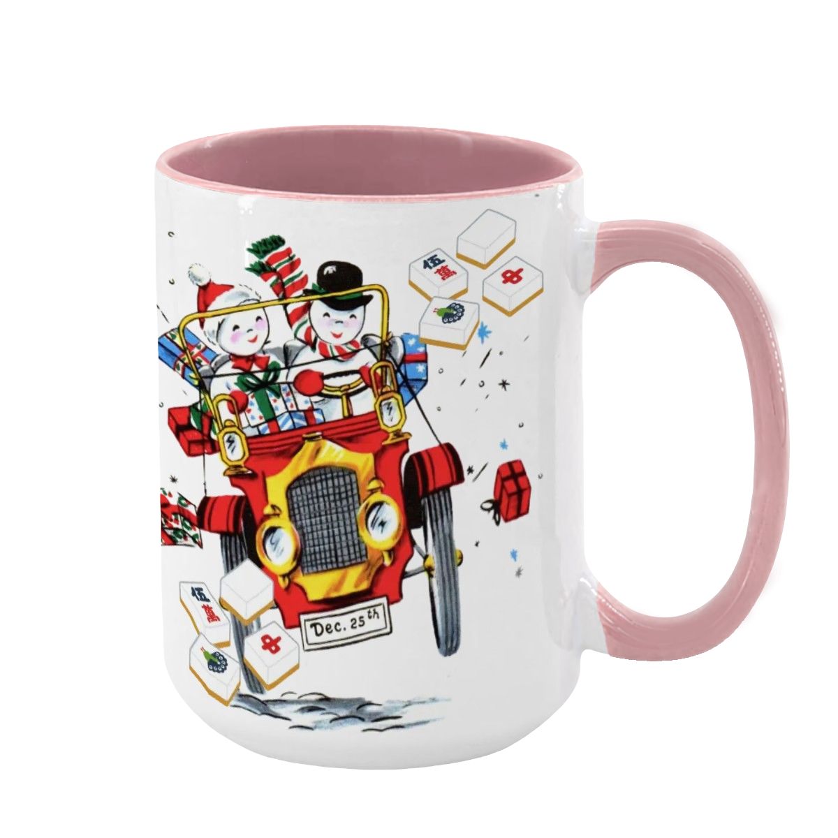 Mahjong Christmas Gift Funny Nostalgic Mahj Holiday Large Mug (15oz) - Pink / One Size - Drinkware