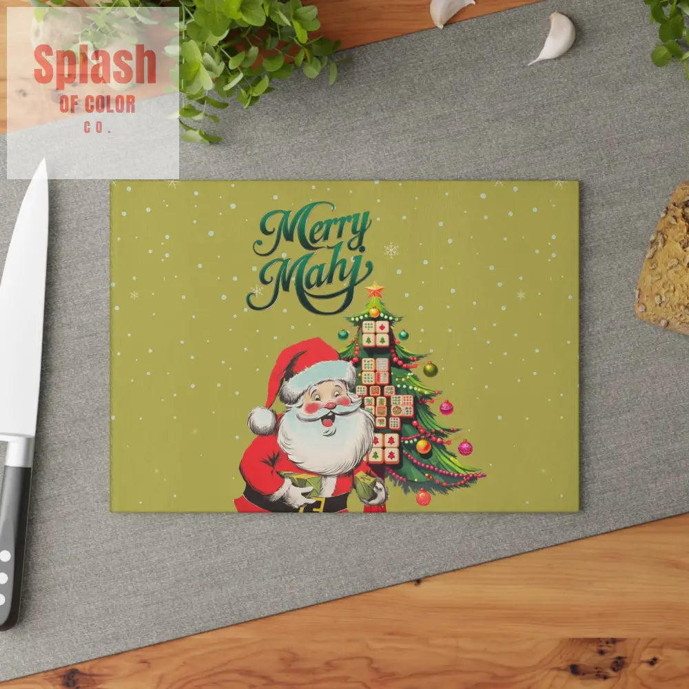 Mahjong Christmas Glass Cutting Board with Whimsical Santa Claus Design And Festive Mahjong Tree Home Decor
