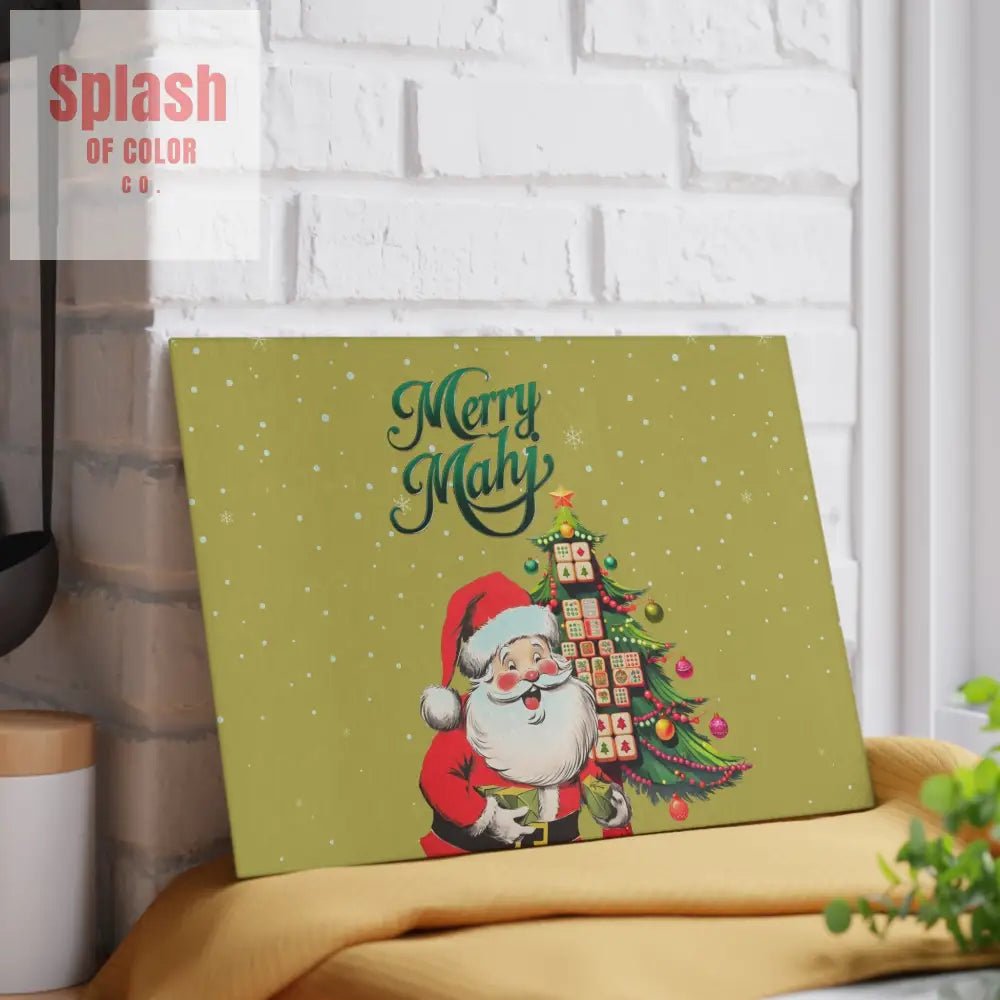 Mahjong Christmas Glass Cutting Board with Whimsical Santa Claus Design And Festive Mahjong Tree - Splash of Color co.