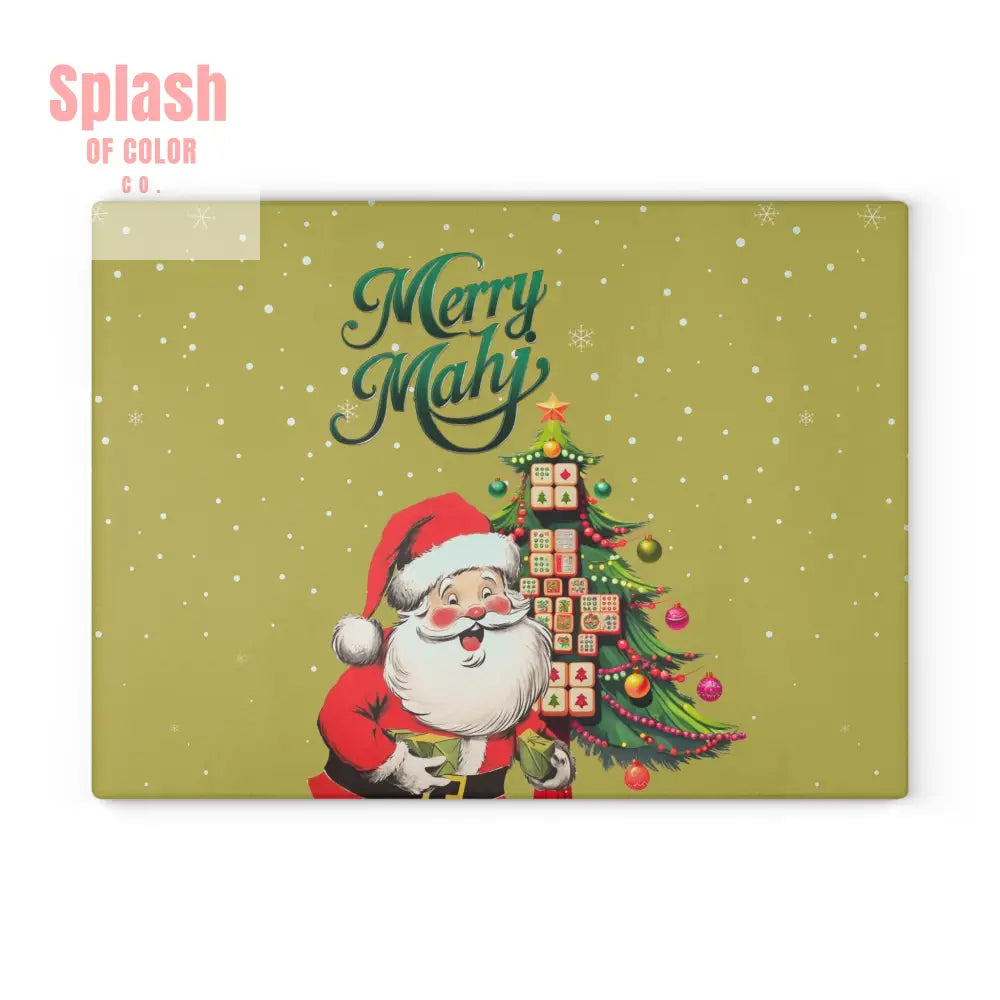 Mahjong Christmas Glass Cutting Board with Whimsical Santa Claus Design And Festive Mahjong Tree Home Decor