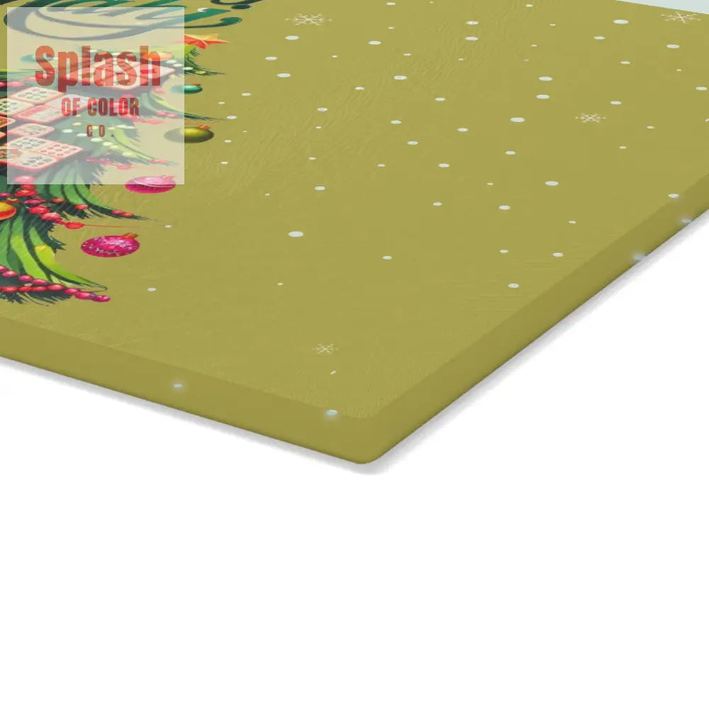 Mahjong Christmas Glass Cutting Board with Whimsical Santa Claus Design And Festive Mahjong Tree Home Decor