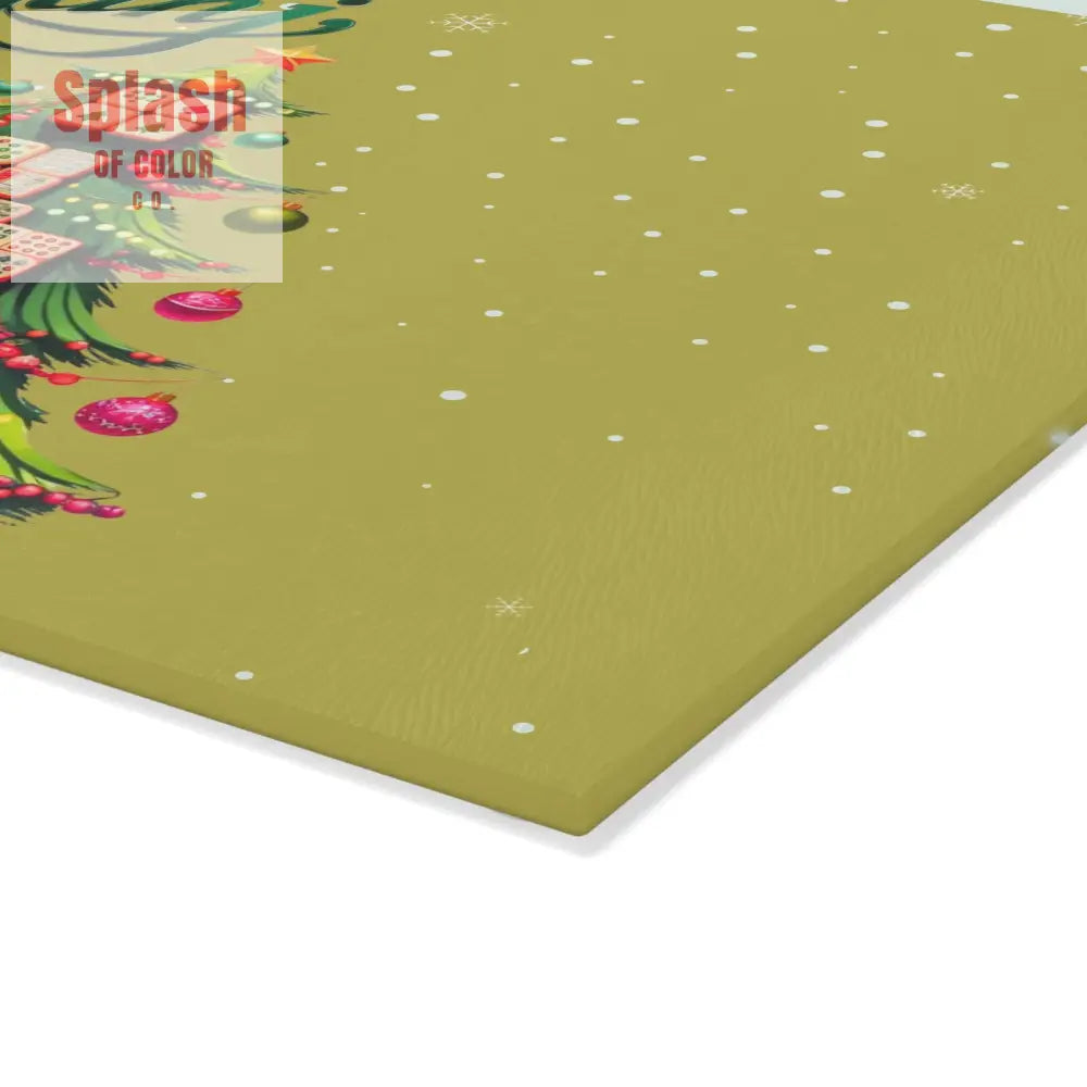 Mahjong Christmas Glass Cutting Board with Whimsical Santa Claus Design And Festive Mahjong Tree Home Decor